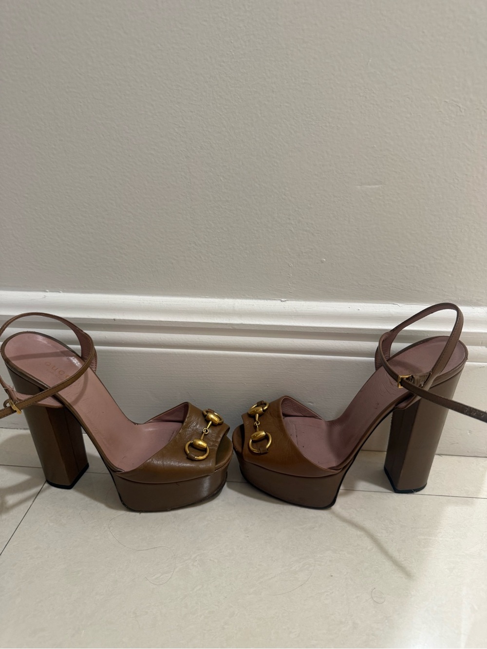 Gucci Brown Leather Platform Slingback Heels with Gold Horsebit